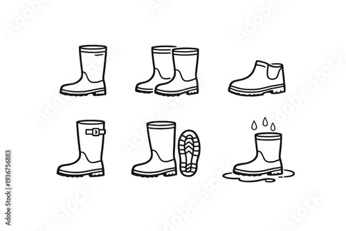 Collection of black and white boot illustrations: different styles and designs