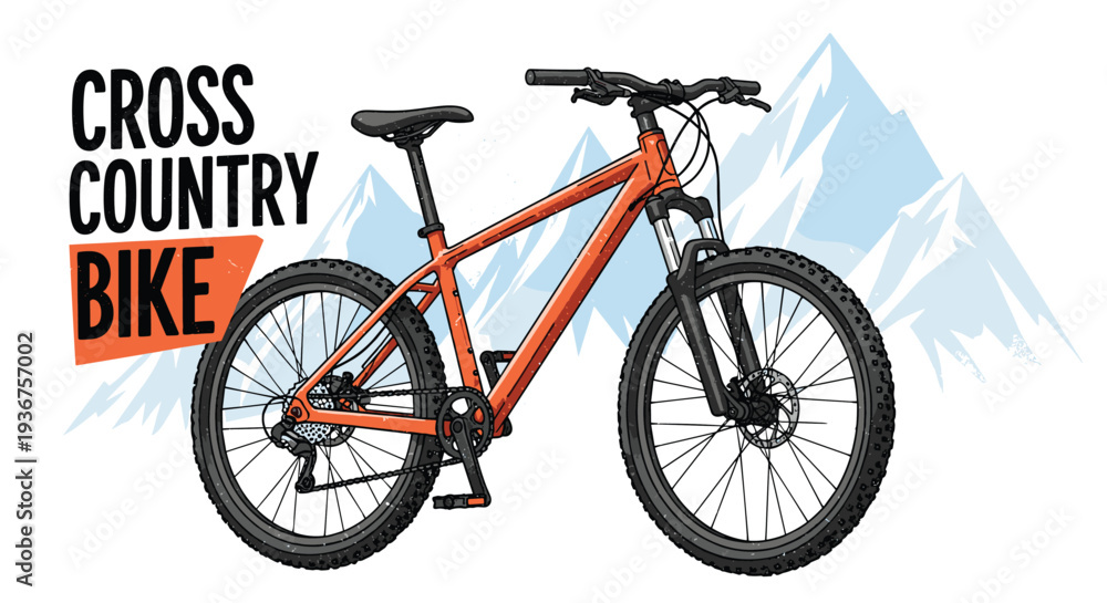 Obraz premium Dynamic illustration of a modern orange cross-country mountain bike ready for adventure with a stylized mountain range behind it.