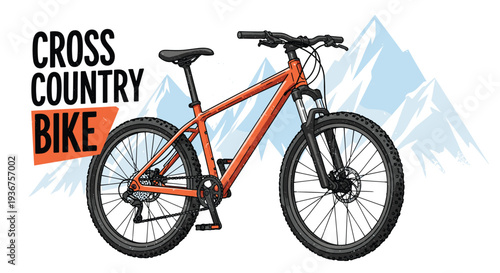 Dynamic illustration of a modern orange cross-country mountain bike ready for adventure with a stylized mountain range behind it.