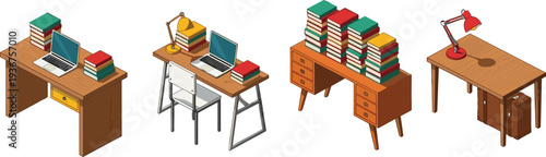 Study desk workspace collection, laptop books and lamp on table, student learning office workspace furniture vector illustration set