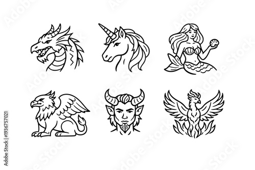 Mythical creature line art: dragon, unicorn, mermaid, gryphon, faun, phoenix