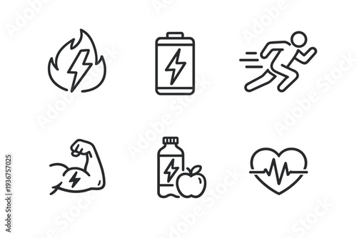Fitness icons set featuring energy, battery, running, strength, hydration, and heartbeat