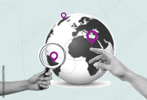 Trendy halftone collage global location search concept with magnifying glass in hand and world map pins