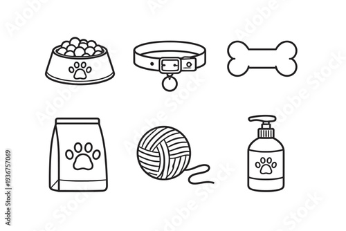 Pet supplies icons: bowl, collar, bone, food, yarn, soap