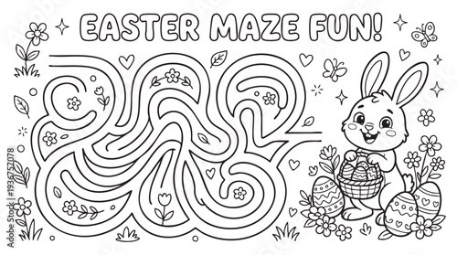 Easter Bunny with Basket of Eggs and Spring Flowers Coloring Page