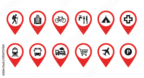 Collection of red map marker icons representing travel and outdoor activities and services on a white background vector illustration design