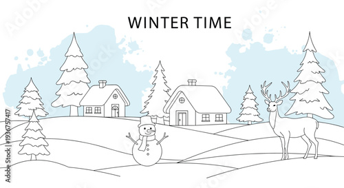 A peaceful winter time coloring page style illustration with a snowman, deer, and cozy houses in a snowy landscape scene.