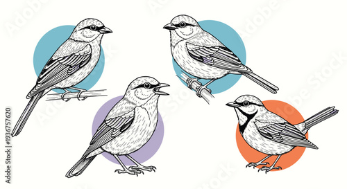 A charming set of four hand-drawn bird illustrations in a vintage engraving style, each posed differently on colorful circle backgrounds.