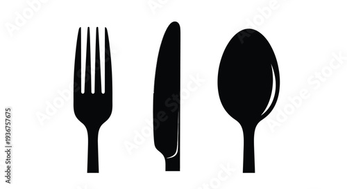 Black cutlery set illustration featuring fork, knife, and spoon