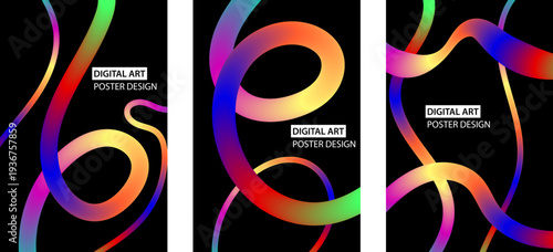 Abstract Color Lines background. with Wave Color Shapes Pattern. Rainbow Colored Fluid Graphic Elements. Posters with 3D Wavy and Spiral Ribbons, colorful waves cards, cover, flayer, cover banner.