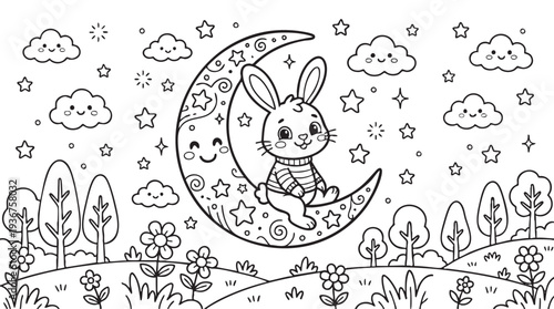 Easter Bunny Sitting on Moon Coloring Page with Adorable Clouds and Stars
