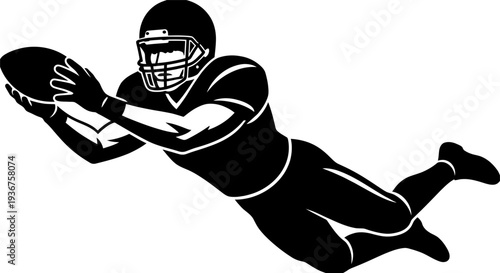 Football player diving catch with ball silhouette