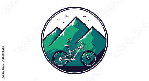 A circular logo or emblem for mountain biking, featuring a bicycle against a backdrop of green mountains, sky, and flying birds.