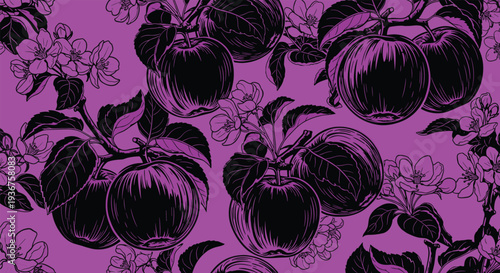 A striking seamless pattern of black apples and blossoms on branches, set against a vibrant solid purple background for a bold design.