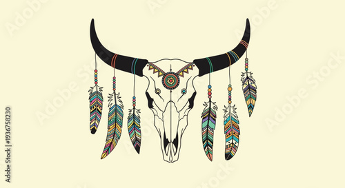 A bohemian-style illustration of a bull skull decorated with colorful tribal patterns and hanging feathers on a light background.