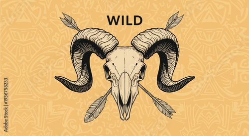 Vintage-style illustration of a ram skull pierced by two arrows with feathers, set against a background with tribal patterns.