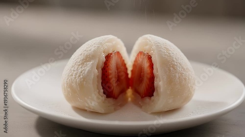 Close up of strawberry mochi dusted with powdered sugar on white plate