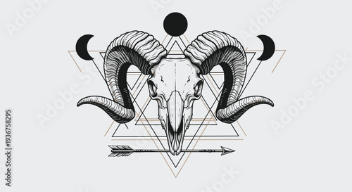A mystical composition featuring a ram skull, sacred geometry triangles, an arrow, and the phases of the moon in a line art style.