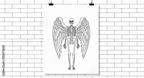 A minimalist black and white line art poster design of a full human skeleton with large, detailed angel wings against a brick wall.