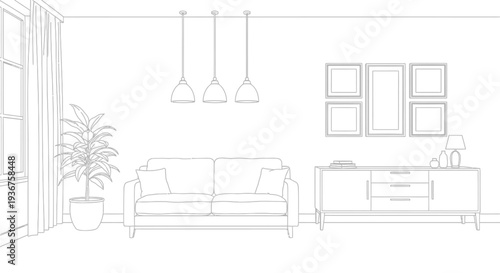 Modern minimalist living room interior design with sofa and furniture in vector graphic illustration style for home decor inspiration