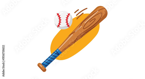 Baseball bat hitting ball with motion lines on yellow background