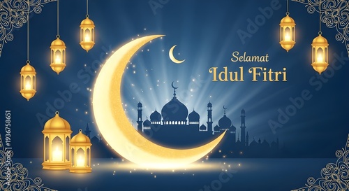 Elegant Eid al-Fitr illustration with glowing crescent moon, mosque silhouette, golden lanterns, blue gold palette and peaceful mood