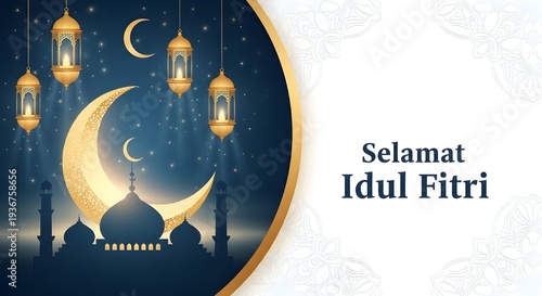 Elegant Eid al-Fitr illustration with glowing crescent moon, mosque silhouette, golden lanterns, blue gold palette and peaceful mood