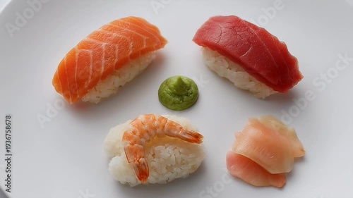 Four pieces of nigiri sushi with wasabi and ginger on a plate