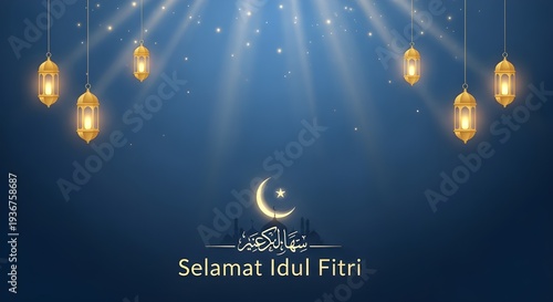 Elegant Eid al-Fitr illustration with glowing crescent moon, mosque silhouette, golden lanterns, blue gold palette and peaceful mood