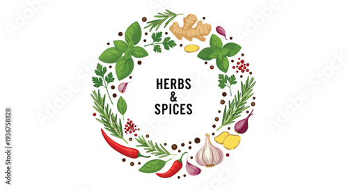 A circular wreath frame made from a variety of fresh culinary herbs and spices like basil, rosemary, garlic, and chili peppers.