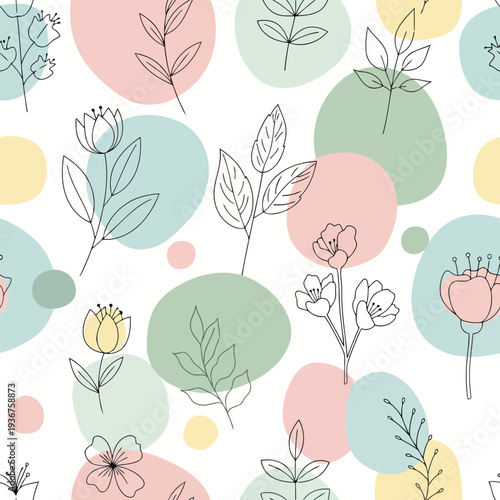 Illustration of pastel-colored flowers and leaves arranged in a seamless pattern with abstract shapes viewed from directly above