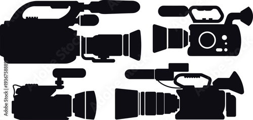 Professional video camera silhouettes collection isolated on white background, camcorder and filming equipment icons for videography, media production, broadcasting and digital content creation