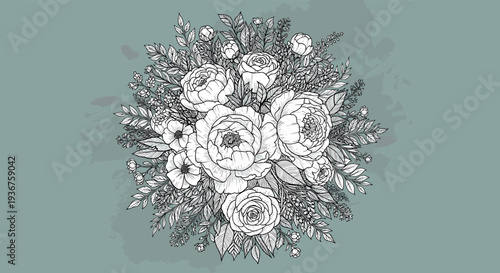 Detailed black and white botanical illustration of a lush floral bouquet featuring peonies and roses against a muted sage green background.