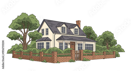 Charming hand-drawn illustration of a cozy suburban family house with a brick fence, surrounded by lush green trees and bushes.