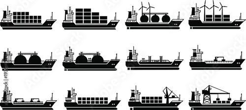 Cargo ships and industrial vessels silhouettes collection including container ship, tanker, crane ship and transport vessels for global maritime logistics industry