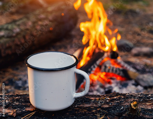 White enamel mug by campfire, hot drink outdoors camping