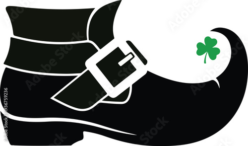 A black elephant wearing a buckle boot with a shamrock on its trunk Vector, illustration