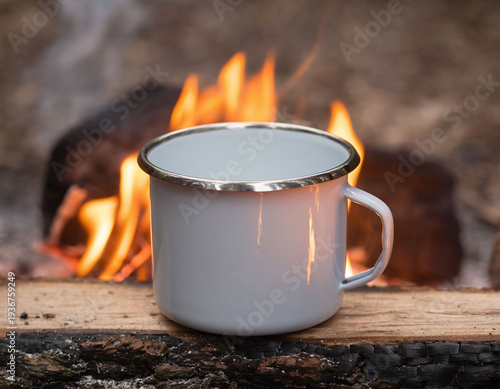 White enamel mug by campfire, hot drink outdoors camping