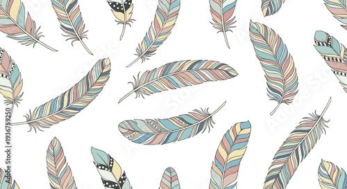 Seamless vector pattern with beautifully detailed and colorful hand-drawn feathers in a bohemian, tribal-inspired decorative style.