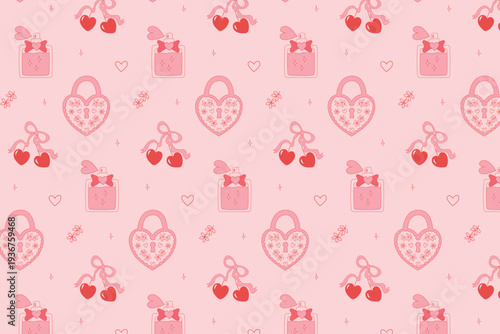 A vintage seamless pattern featuring cherries with a bow, heart-shaped padlocks, and perfume. A flirty, girly pink background.