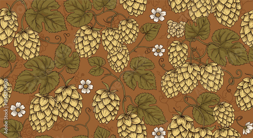 Beautiful vintage-style seamless pattern with detailed, hand-drawn hops and leaves on twisting vines, ideal for brewery branding.