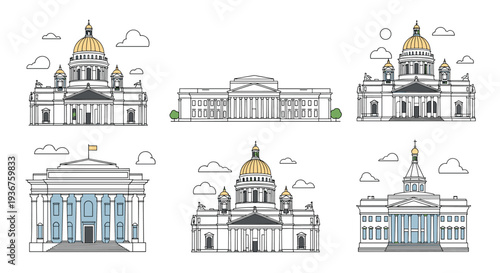A set of six minimalist line art illustrations of famous architectural landmarks and cathedrals from Saint Petersburg, Russia.