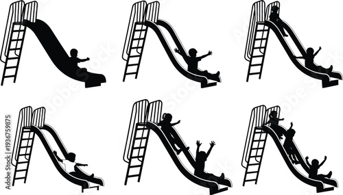 Children playground slide silhouettes set showing kids sliding down park play equipment, childhood outdoor activity and fun recreation moments isolated on white background