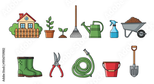 A complete set of colorful cartoon gardening tools and items, including a rake, shovel, watering can, boots, and a small house.