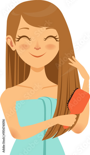 Brushing hair concept. Cute young woman routine