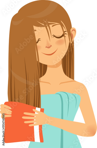Woman drying hair with towel. Hygiene procedure icon