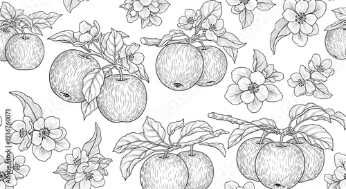 A seamless black and white pattern of apples and blossoms on branches, created in a highly detailed vintage engraving art style.