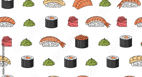 Simple and colorful seamless pattern of assorted Japanese sushi, maki rolls, wasabi, and pickled ginger on a clean white background.
