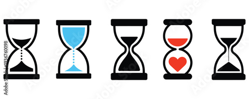Set of colorful hourglasses with heart symbol on white background