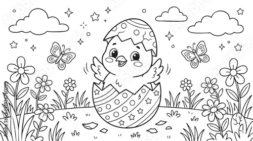 Easter Chick Hatching from Egg in Grassy Field Coloring Page